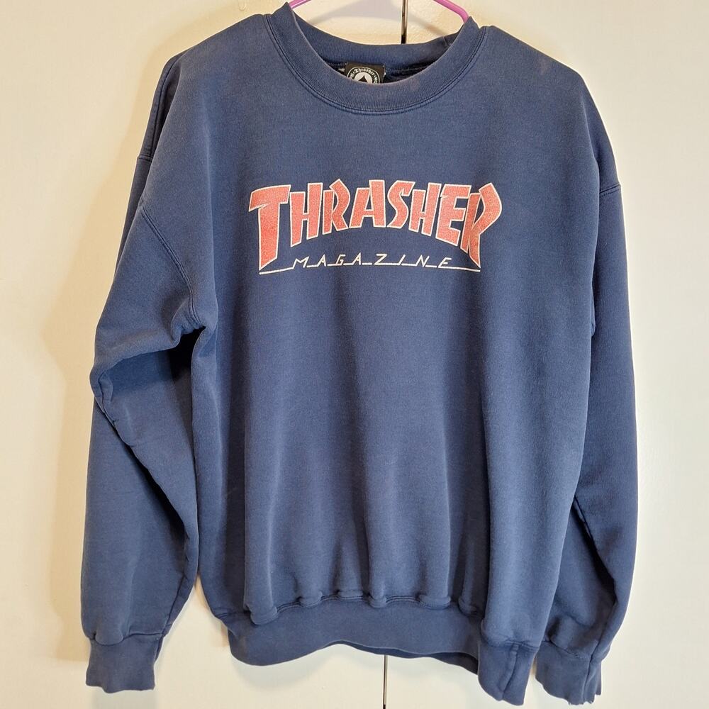 Vtg THRASHER Magazine Skate Pullover Sweatshirt Navy Size Medium
